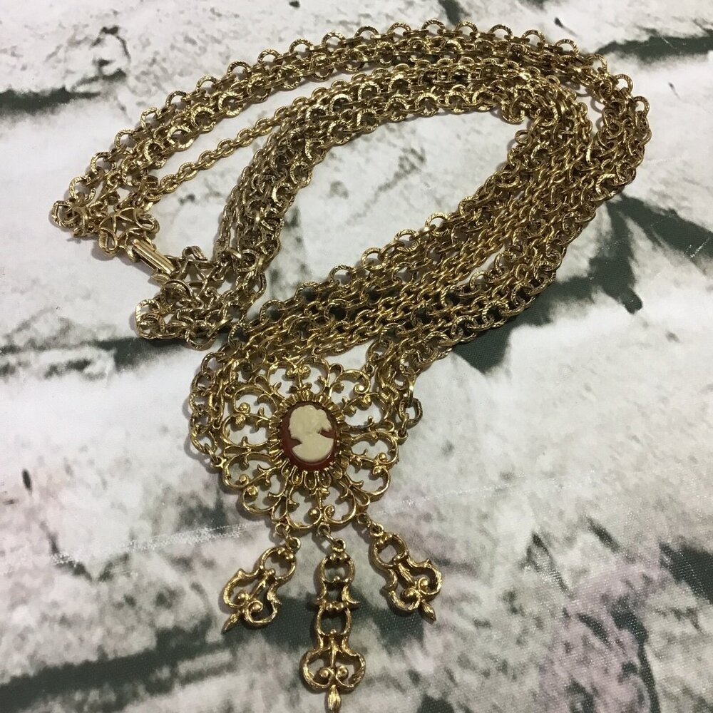 Cameo Necklace Gold Tone Multiple Layered Chains Ornate Pendant Jewelry